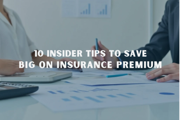 Save Big on Insurance Premiums: Financial documents, a calculator, and a laptop on a desk with a professional insurance background.