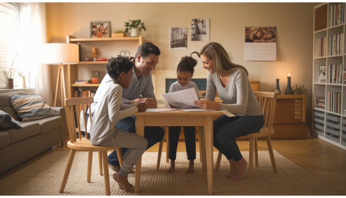 A family reviewing health insurance documents together in a cozy living room, looking engaged and understanding.