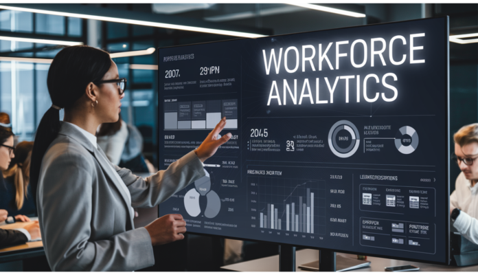 HR professional analyzing workforce trends on a digital screen for 2024