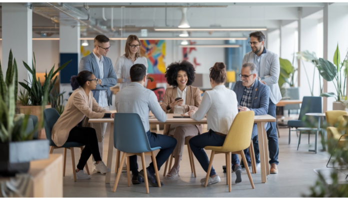 HR team and employees collaborating in a positive, open office environment, reflecting a supportive workplace culture