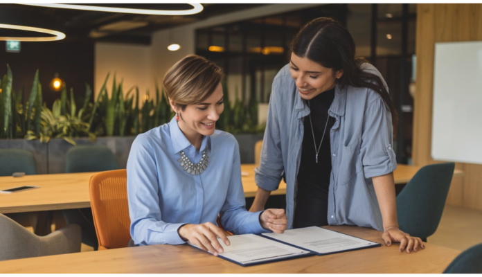 HR professional guiding a new employee through the onboarding process in a welcoming office environment