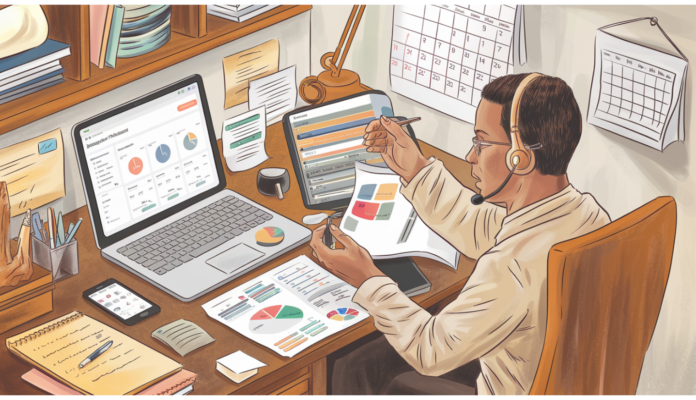 Illustration of a freelancer multitasking with a laptop, calendar, financial tools, and design software showcasing essential skills for 2024.