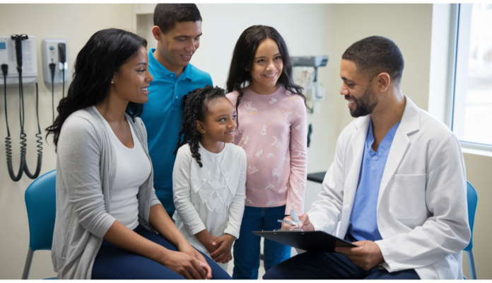 Family visiting a doctor for preventive care, highlighting the importance of health insurance coverage for wellness.