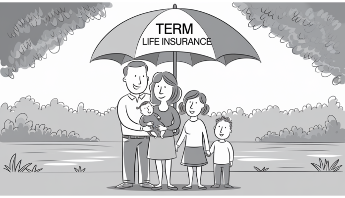 Illustration of a family protected by term life insurance, symbolizing financial security.