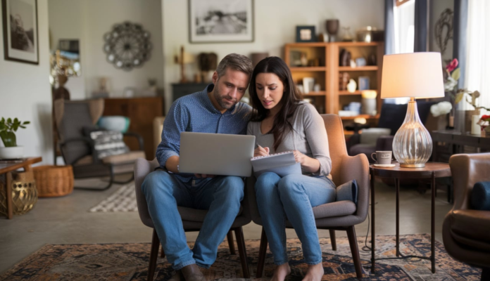 A couple using a laptop to compare health insurance plans at home, reviewing documents and weighing options.