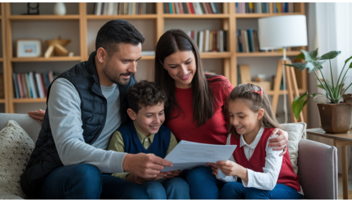 Family with life insurance document representing financial security and protection.