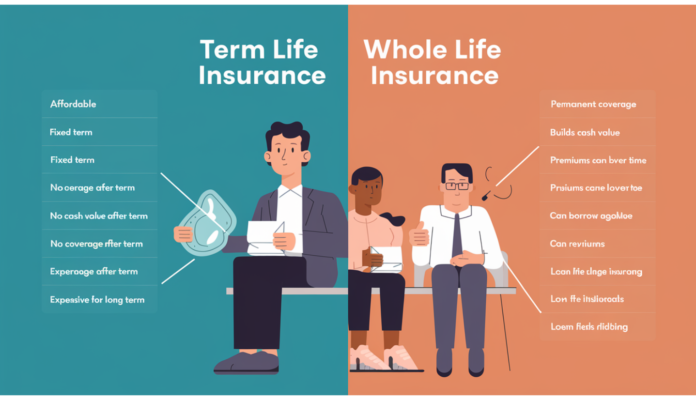 Comparison chart of term life and whole life insurance benefits and features.