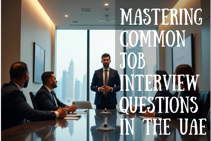 Job interview in a UAE office, with an expat candidate confidently answering panel questions.