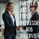 Candidate shaking hands with a recruiter in an office, with the blog title "Master the Art of First Impressions in Job Interviews" visible.