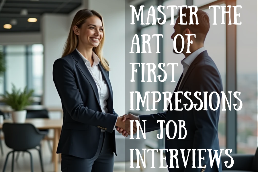 Candidate shaking hands with a recruiter in an office, with the blog title "Master the Art of First Impressions in Job Interviews" visible.