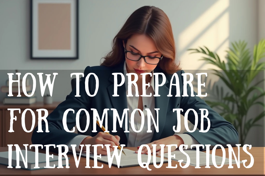 Candidate preparing for an interview with notes, with the blog title "How to Prepare for Common Job Interview Questions" displayed.