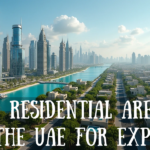 Dubai Marina skyline and Abu Dhabi villas showcasing top residential areas for expats in the UAE.