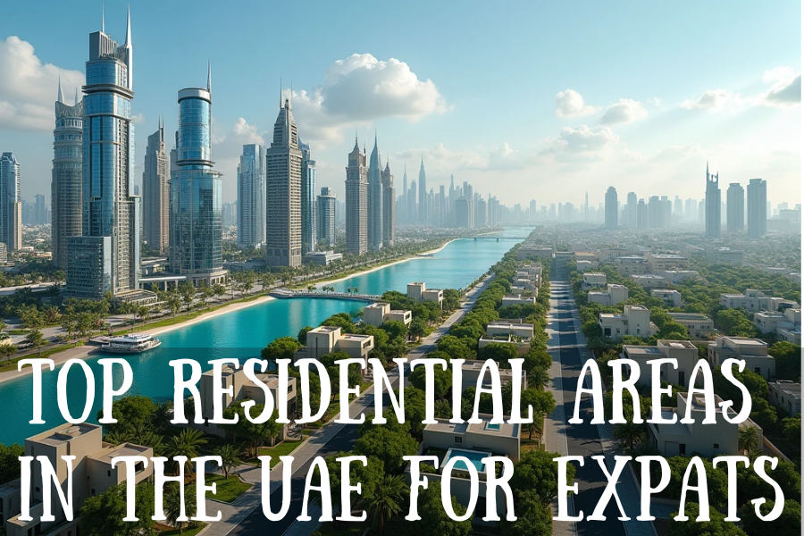 Dubai Marina skyline and Abu Dhabi villas showcasing top residential areas for expats in the UAE.