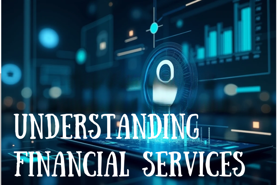 Modern financial services concept with digital graphs, currency symbols, and secure banking imagery.