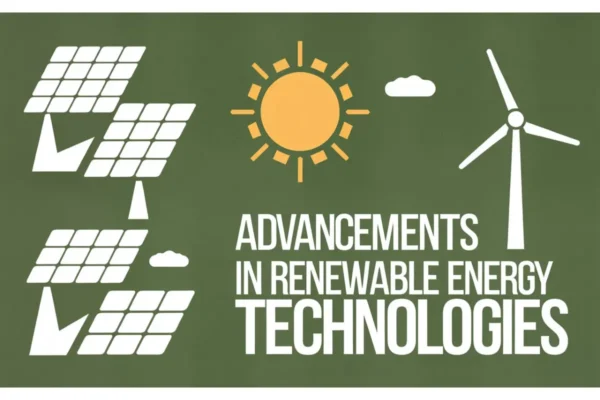 Graphic showing advancements in renewable energy technologies with solar panels, wind turbines, and a sustainable theme.