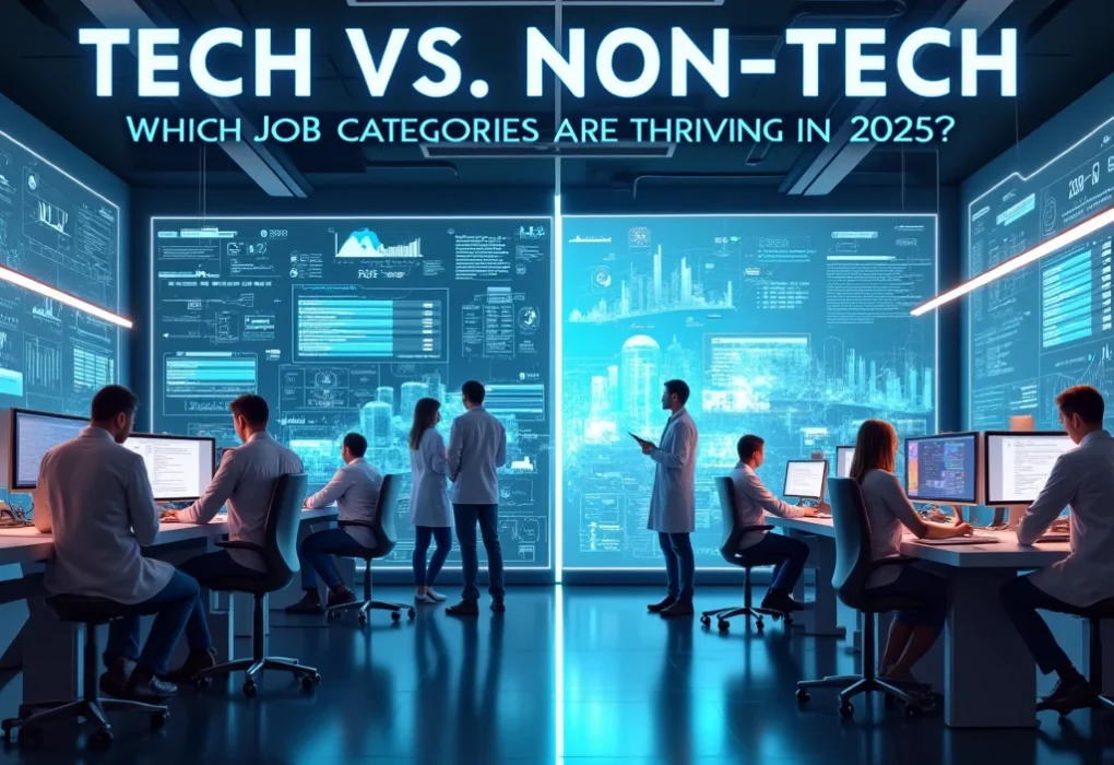 A split-screen image showcasing tech professionals working on futuristic screens and non-tech professionals in healthcare, education, and sustainability sectors, representing thriving job categories in 2025.