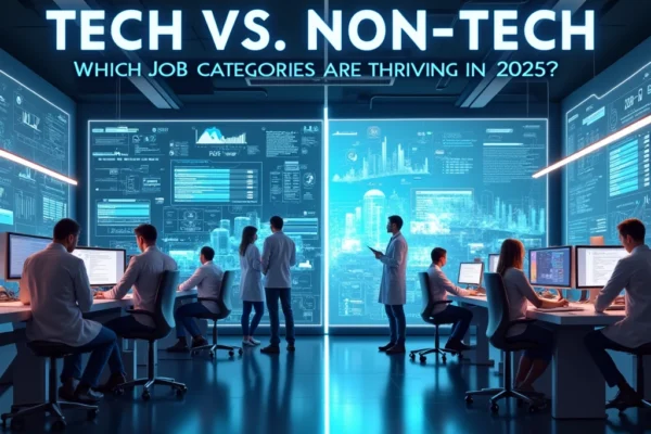 A split-screen image showcasing tech professionals working on futuristic screens and non-tech professionals in healthcare, education, and sustainability sectors, representing thriving job categories in 2025.