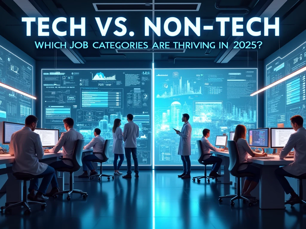 A split-screen image showcasing tech professionals working on futuristic screens and non-tech professionals in healthcare, education, and sustainability sectors, representing thriving job categories in 2025.