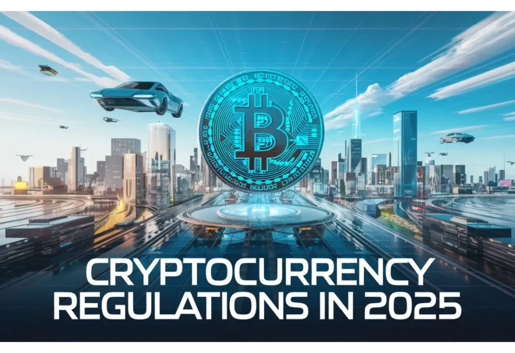 Illustration of cryptocurrency regulations with a digital coin and legal scales.