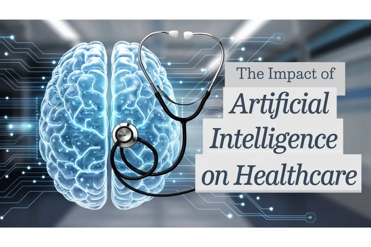 Illustration showing artificial intelligence and healthcare with a digital brain and stethoscope.