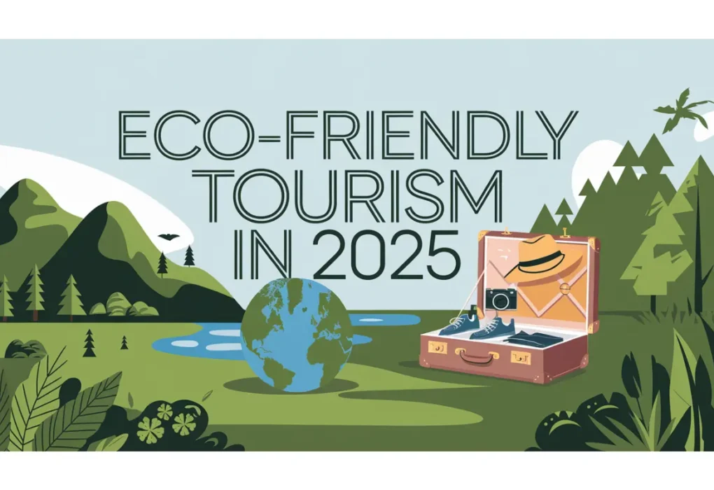 Illustration depicting eco-friendly tourism with a green landscape, a globe, and a suitcase.