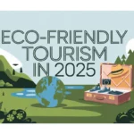 Illustration depicting eco-friendly tourism with a green landscape, a globe, and a suitcase.