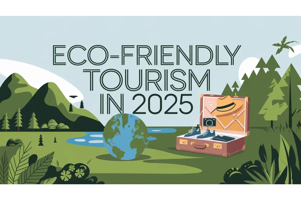 Illustration depicting eco-friendly tourism with a green landscape, a globe, and a suitcase.