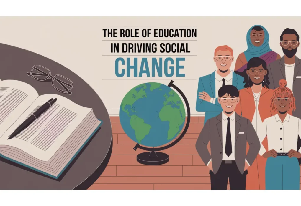 Illustration representing education and social change with a book, globe, and diverse group of people.