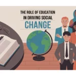 Illustration representing education and social change with a book, globe, and diverse group of people.