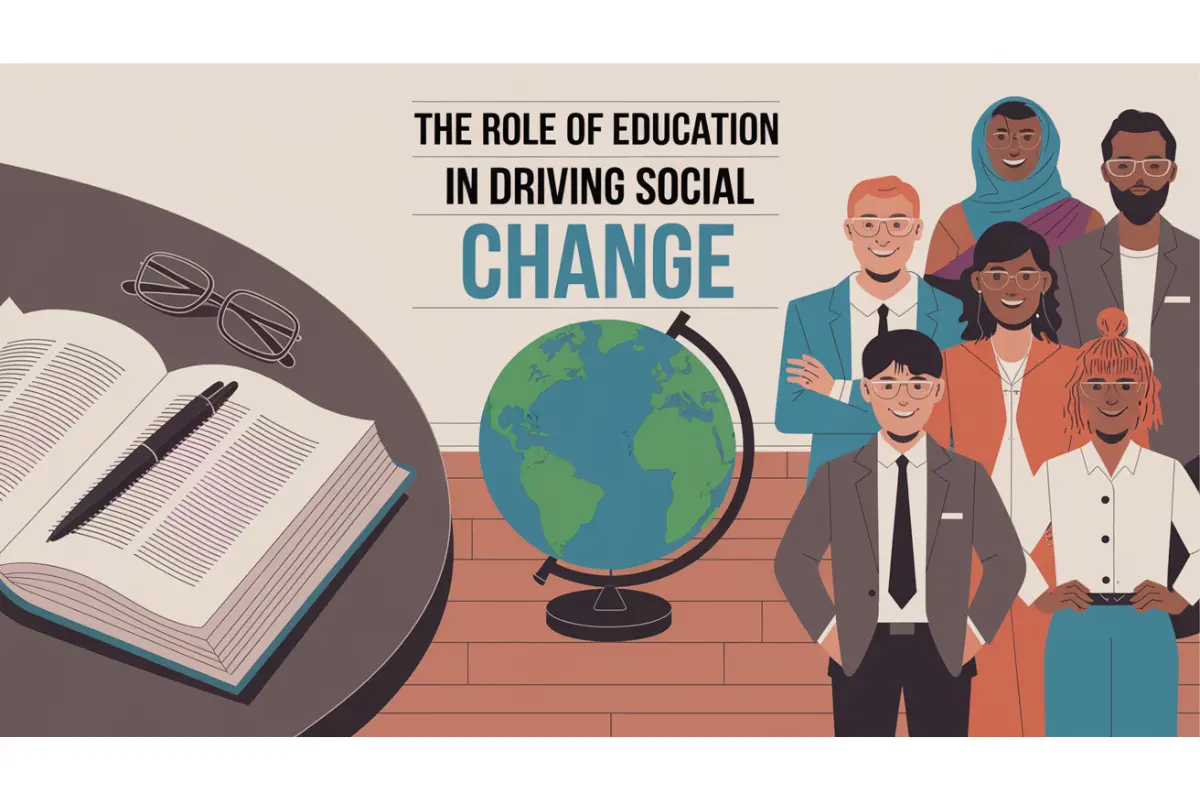 Illustration representing education and social change with a book, globe, and diverse group of people.