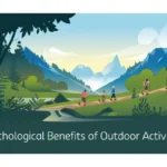 Illustration of outdoor activities in a natural setting promoting mental health and well-being.