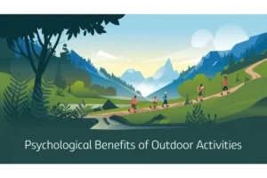 Illustration of outdoor activities in a natural setting promoting mental health and well-being.