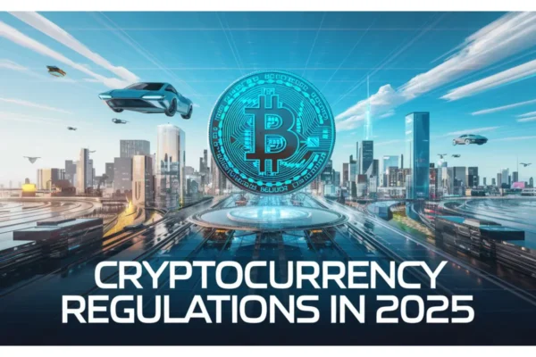 Illustration of cryptocurrency regulations with a digital coin and legal scales.