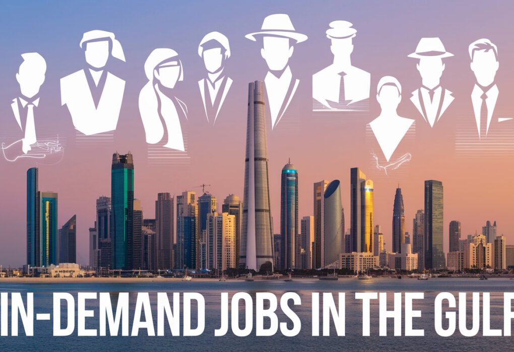 A Gulf city skyline with the text "In-Demand Jobs in the Gulf" and silhouettes of professionals representing key industries.