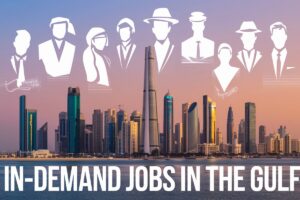 A Gulf city skyline with the text "In-Demand Jobs in the Gulf" and silhouettes of professionals representing key industries.