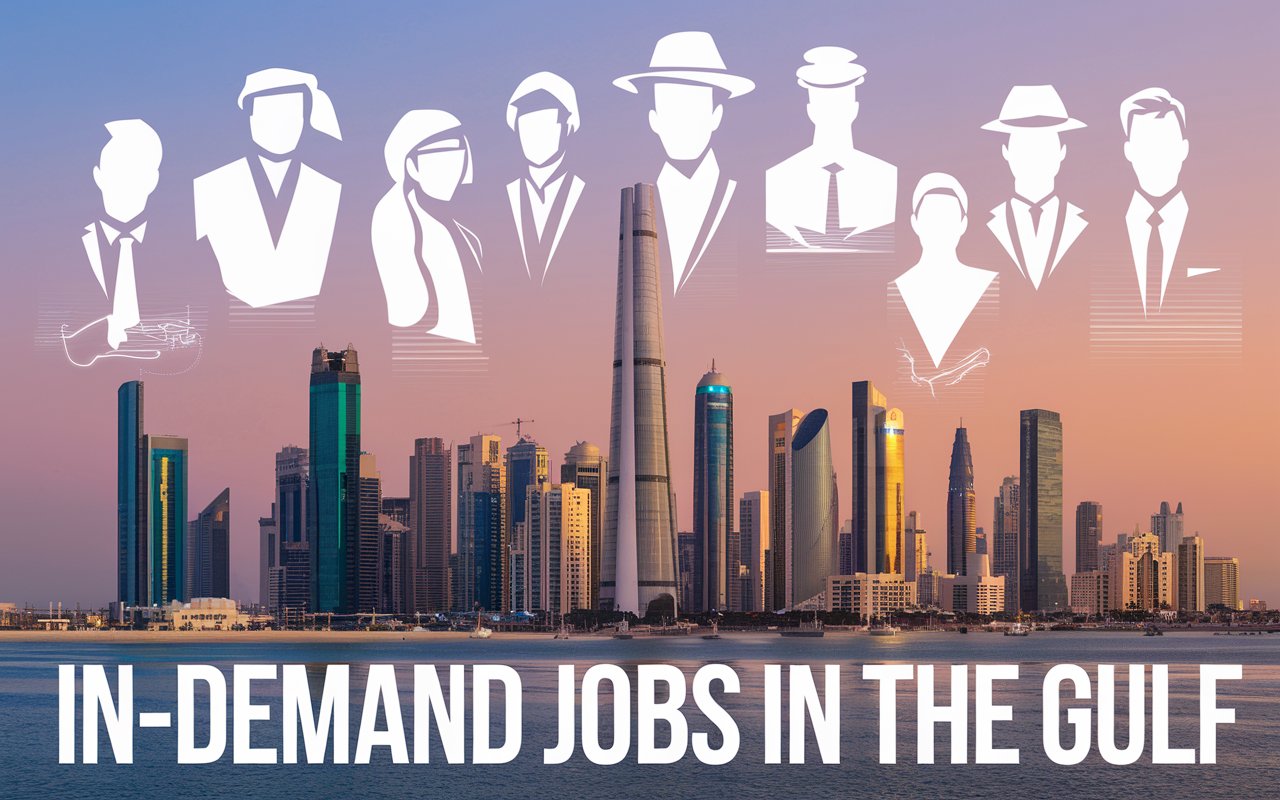 A Gulf city skyline with the text "In-Demand Jobs in the Gulf" and silhouettes of professionals representing key industries.