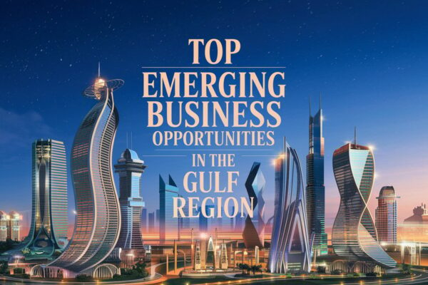 A modern Gulf city skyline with the text "Top Emerging Business Opportunities in the Gulf Region."