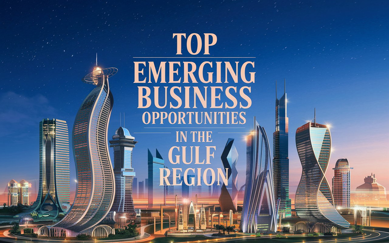 A modern Gulf city skyline with the text "Top Emerging Business Opportunities in the Gulf Region."