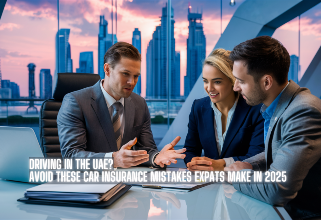 An expat couple reviewing car insurance documents at a Dubai office with an insurance advisor.