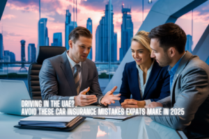 An expat couple reviewing car insurance documents at a Dubai office with an insurance advisor.