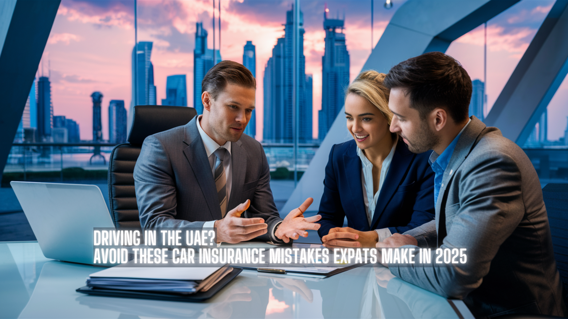 An expat couple reviewing car insurance documents at a Dubai office with an insurance advisor.