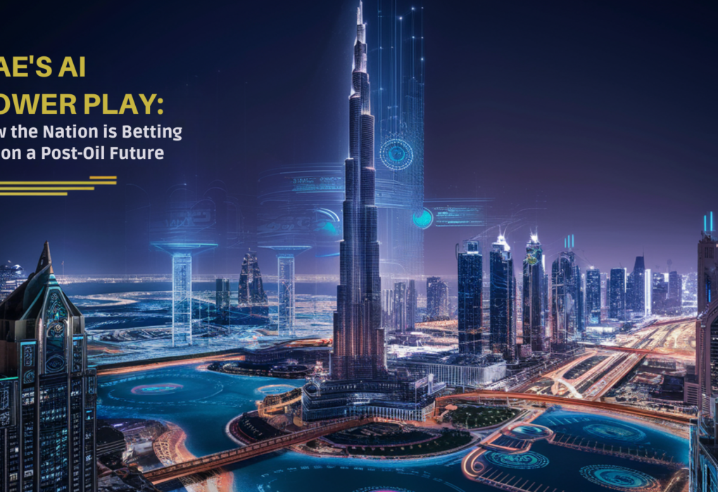 A futuristic view of Dubai with AI-powered smart city elements, representing the UAE’s AI-driven future.