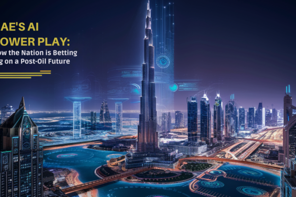 A futuristic view of Dubai with AI-powered smart city elements, representing the UAE’s AI-driven future.