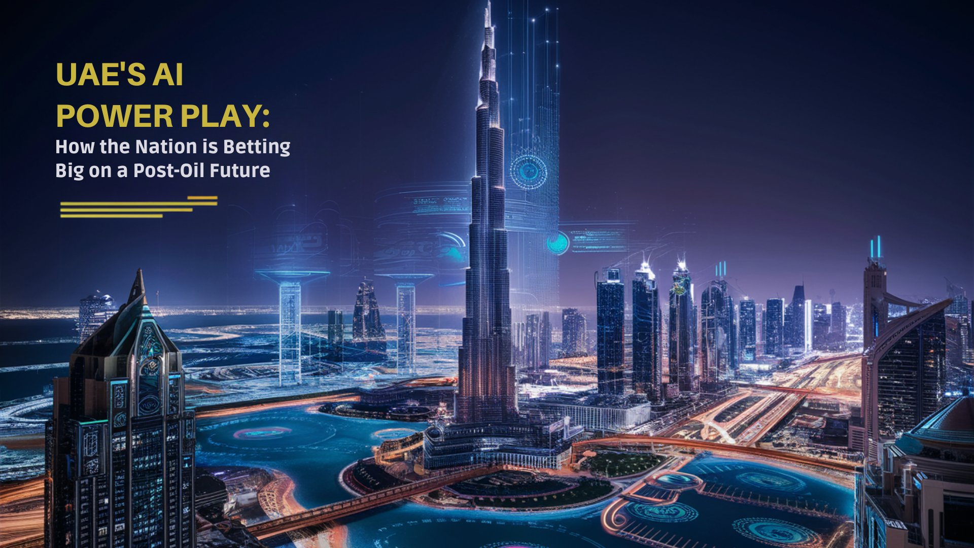 A futuristic view of Dubai with AI-powered smart city elements, representing the UAE’s AI-driven future.