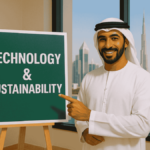 Solar Energy Technician installing rooftop solar panels in the UAE city skyline background