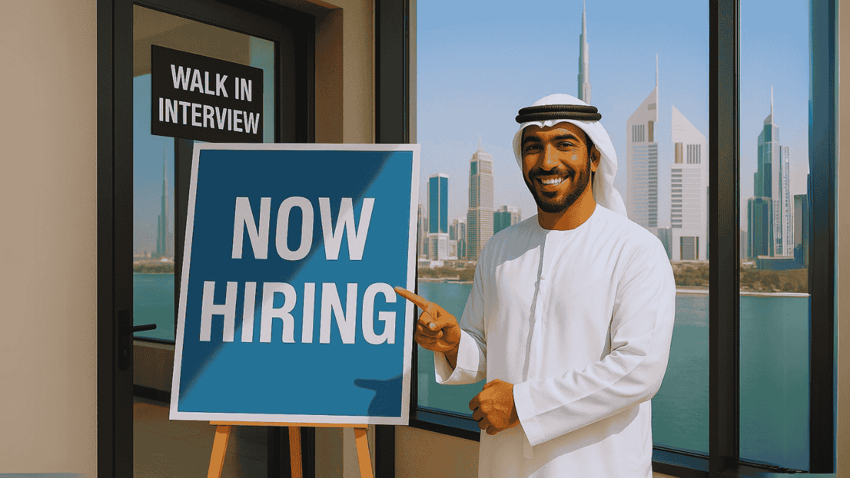 Walk-in interview event in Dubai for FM jobs with candidates and recruiters in a professional setting.