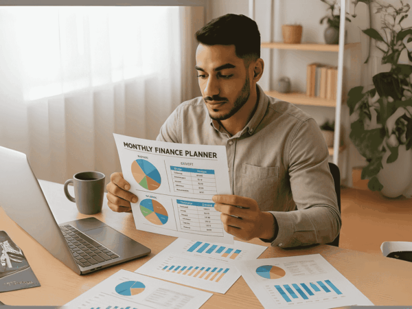 A jobseeker in the UAE using a monthly finance planner to improve personal budgeting and manage personal finances