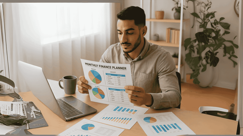 A jobseeker in the UAE using a monthly finance planner to improve personal budgeting and manage personal finances