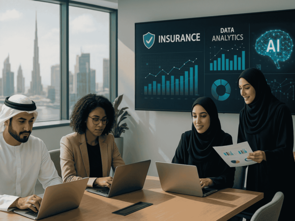 Professionals working in insurance jobs in the UAE sector using technology and analytics tools.