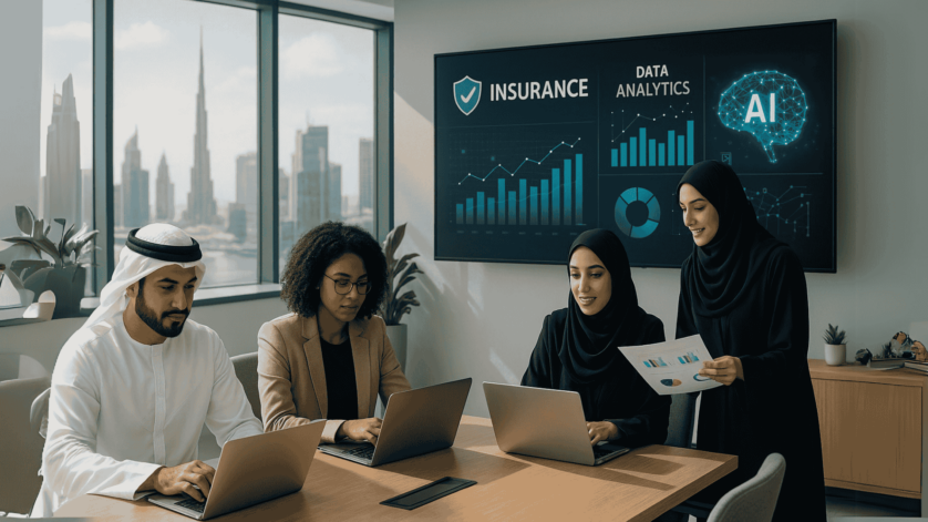 Professionals working in insurance jobs in the UAE sector using technology and analytics tools.